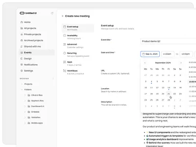 Create a new meeting — Untitled UI date picker form schedule meeting settings sidenav ui design user interface