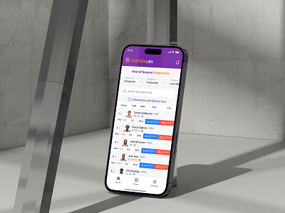 Player Projections Dashboard – Fantasy Sports App UI app basket ball basketballapp datadashboard fantasyapp fantasysports game game design mobiledashboard mobileui nba playerstats sports sportsanalytics sportsui