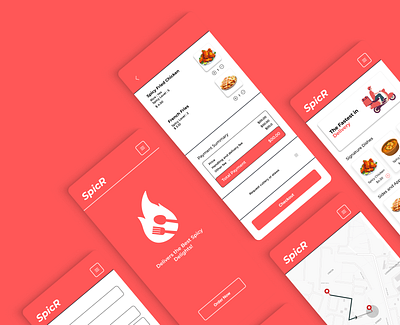 Spicy Food Delivery App Design – SpicR Mobile App app interface app logo branding design clean ui delivery app food app ui food branding food delivery food logo minimal logo mobile app design mobile mockup modern logo red theme restaurant app restaurant branding restaurant identity restaurant logo spicy food spicy logo