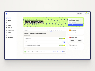 Exploration: Home screen for learners edtech home product sidebar tabs ui