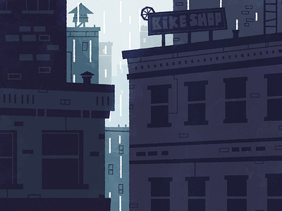 rainy day animation atmosphere bike bricks brokje cold flat gif illustration landscape rain raindrops roofs sky texture town windows