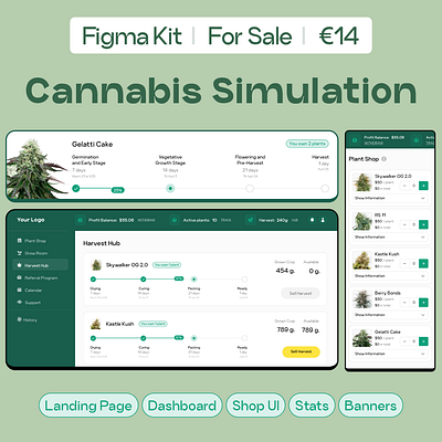 Weed Farm - Figma UI Kit €14 on Gumroad cannabis dashboard dashboard ui ecommerce figma template figma ui kit for sale grow simulator grower marijuana plant simulation game simulator startup template tracker ui kit web app ui weed weed app