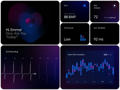 Dark UI Elements Health Monitoring biometric data cardiology clean ui dark ui dashboard data visualisation design figma design health monitoring health tech healthcare interface medical app medical tracking app product design ui ui design ui elements ux wellness app