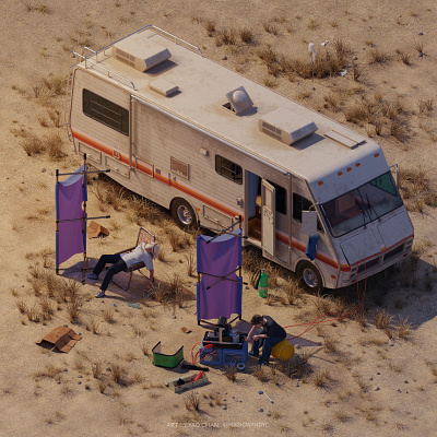 4 Days Out 3d animation b3d blender breakingbad cartoon cg character desert diorama garments illustration isometric marvelousdesigner modeling render rv substancepainter texturing tvshow
