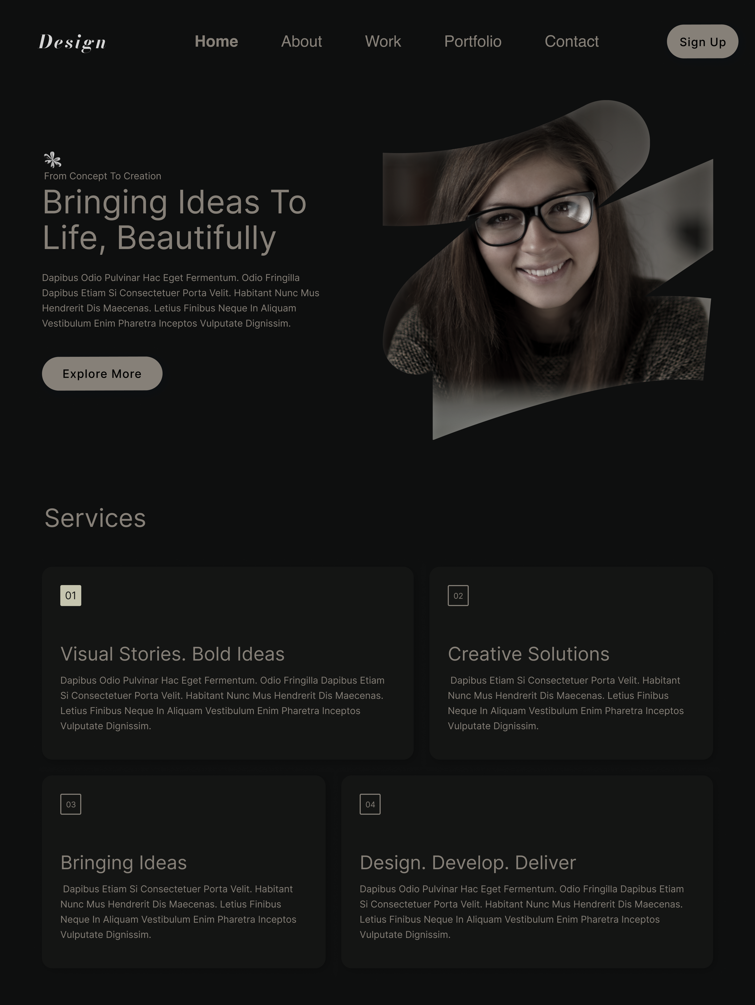Elegant Web Design Concept – Dark Mode: agencywebsite branding cleandesign creativeagency darkmode design designinspiration figmadesign graphic design landingpage minimalistdesign modernui portfolio userinterface web design webconcept