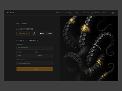 Credit Card Checkout - Lux Jewelry Brand ai black and gold branding credit card daily ui challenge dark mode jewelry lux luxury octopus payment payment method tentacles ui ux