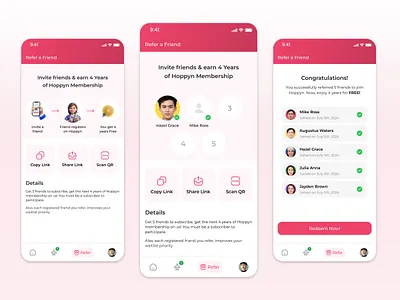 Refer, Reward, Repeat – Hoppyn Membership Flow app design invitation invite link mobile promotion qr reedem refer refer a friend referance referral code scan ui ux