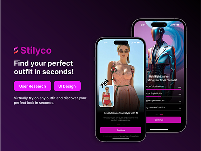 Stilyco – AI-Powered Virtual Stylist App aidesign aistyling dailyui designinspiration designwithai dribbbleshots fashionapp fashiontech mobileui productdesign smartfashion styleapp uidesign userinterface uxdesign uxresearch virtualfashion virtualstylist