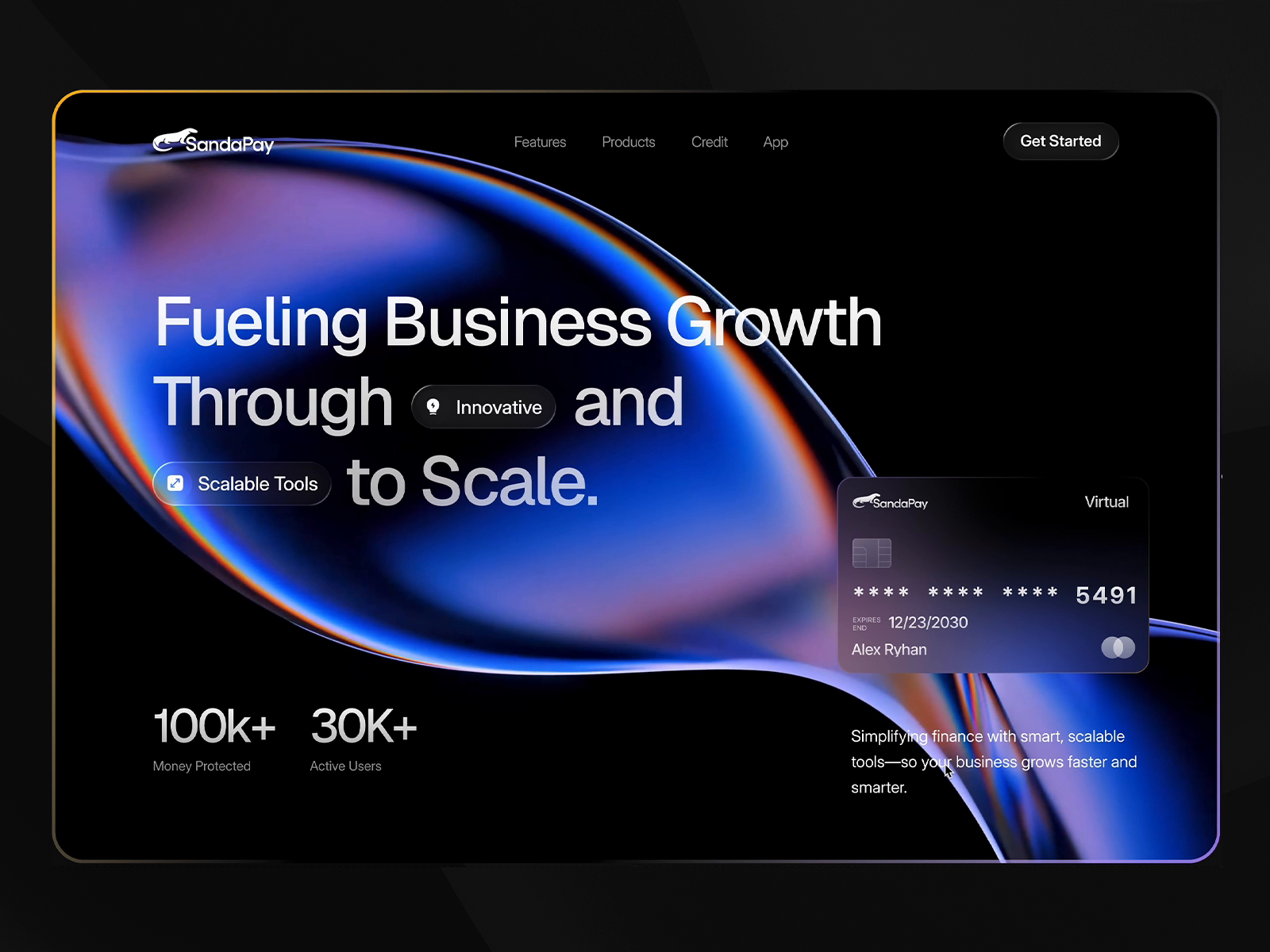 Example of Fintech - SandaPay App Landing page Header Interaction