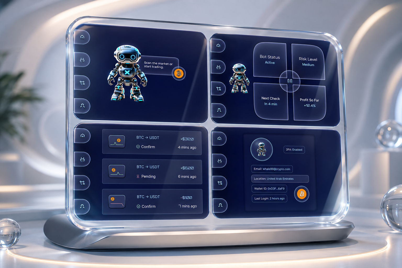 Dark Theme Crypto Trading Bot UI — Neon, Liquid Glass & Clay bot bot ui clay claymorphism crypto crypto bot dashboard crypto dashboard ui cypto trading bot ui dashboard dashboard ui futuristic design futuristic ui glass glassmorphic liquid glass ui modern ui neon sleek ui trading ui ux design