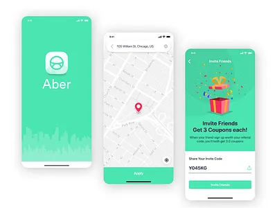 Aber – Ride-Hailing App UI with Clean and Engaging Design appinterface branding cleanui dailyui design dribbbleshots figmadesign graphic design illustration logo minimaldesign mobileappdesign modernapp productdesign referralprogram ridehailingapp ui userexperience uxuidesign vector