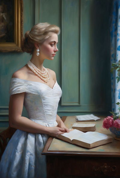 Petals, Pearls, and Prose beauty digital art earrings graphic design illustration pearl neckless portrait white dress