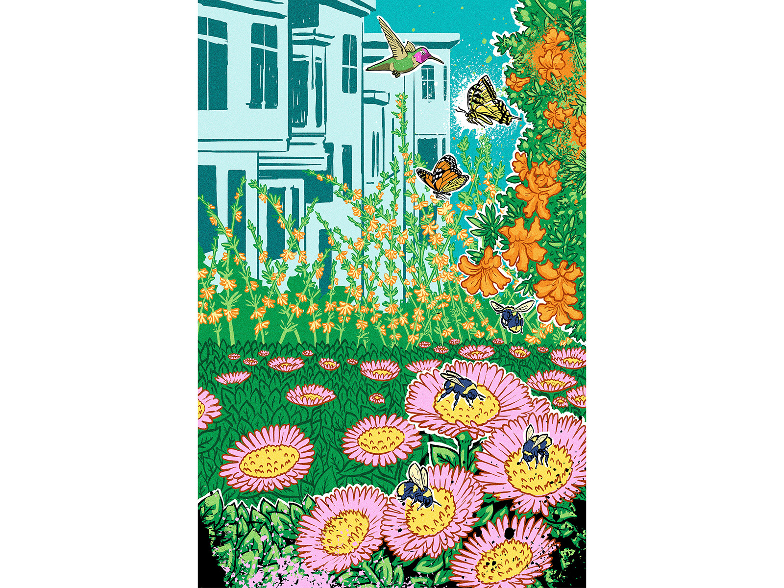 Flora & Fauna of California bee city digital digitaldrawing flowers graffit hummingbird illustration muti nature natureconservation pinkflower pollen streetart urbannature