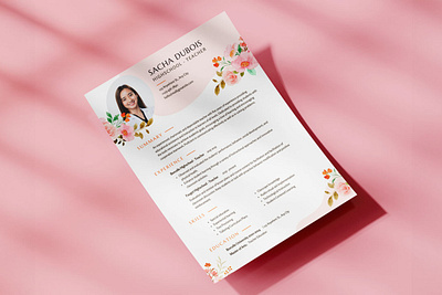 Floral Teacher Resume branding cv design document elegant graphic design porfolio resume teacher template ui