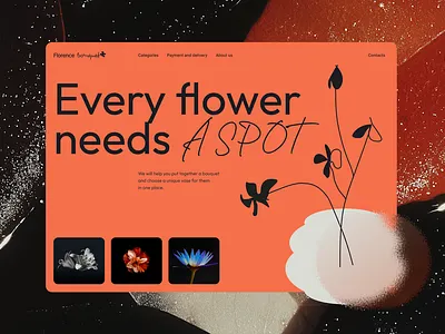 Florence Bouquet – Experimental hero section for flowers shop b2c blured elements bold design creative hero section flower illustration flowers flowers shop flowers shop design hero section landing page marketplace marketplace design orange color ui