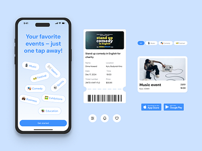 Event App – Visual Elements & Onboarding app booking card design concert date event app event categories events festival minimal design mobile mobile app mobile design onboarding onboarding screen ticket ticket app ui ui components ux