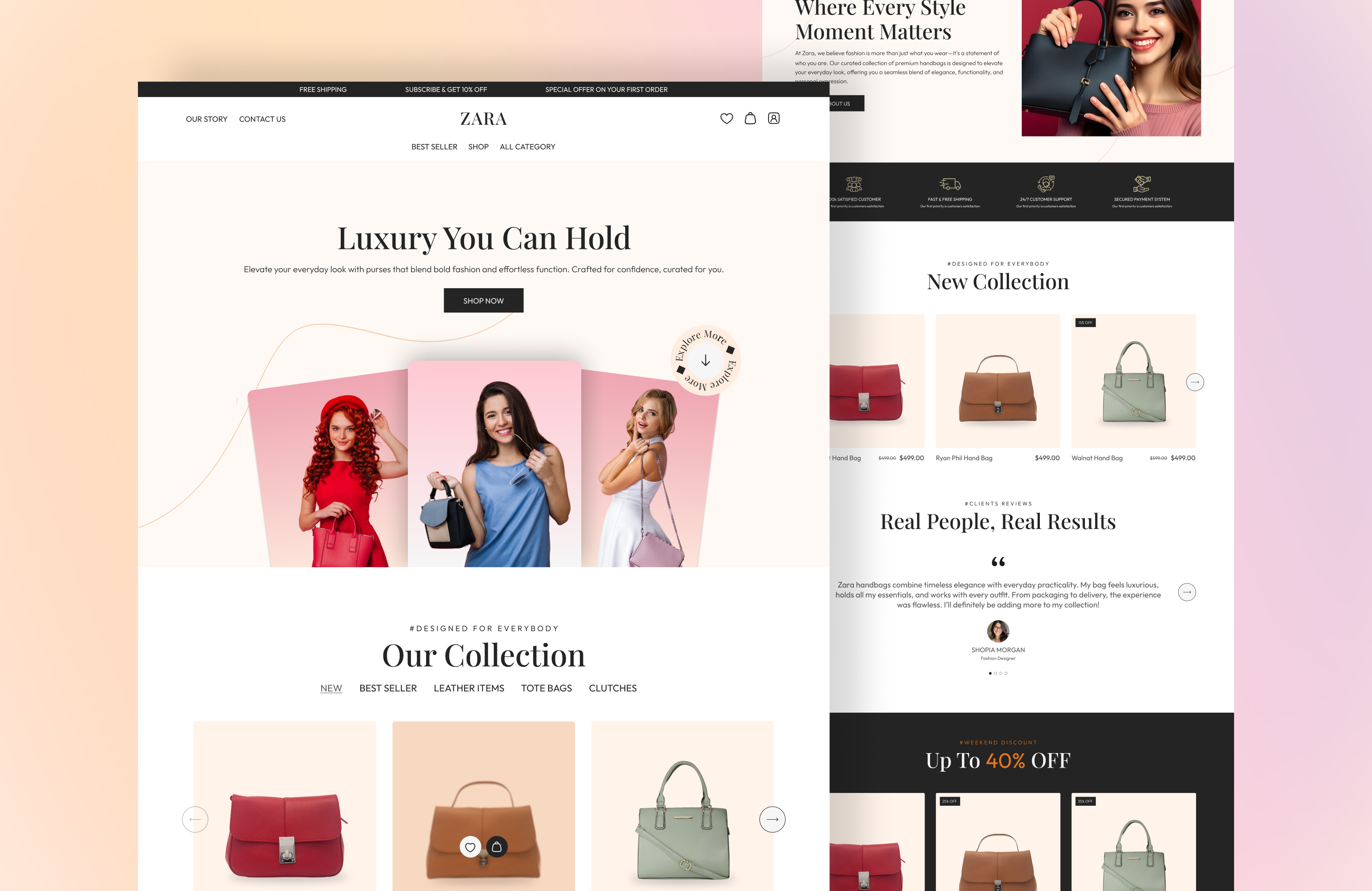 ZARA Women’s Purse E-commerce Landing Page branding ecommerce fashion bag figma hand bag landing page minimal modern design online store product purse shopping trending typography ui ux web design women bag women purse