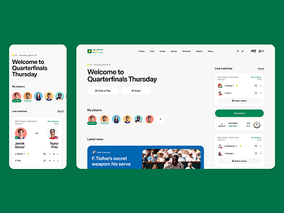 Tournament Matchday UX Design clean interface fan engagement interactive elements live scores match tracker match updates minimal layout mobile design player profile real time data responsive layout sports sports platform tennis ticket booking tournament schedule ui concept ui system ux design