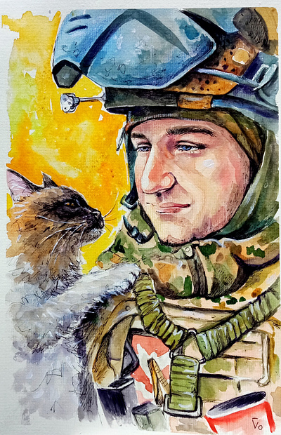Original Watercolor Painting, Portrait Cat and Soldier, War Art art cat hand painted handmade paint painting soldier ukraine war