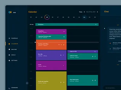 Zoe Calendar calendarui darkmodedesign dashboarddesign goalsettingapp habittracker minimalui personalcoachapp productivityapp routinebuilder selfimprovementapp smartscheduling uiinspiration visualplanning wellnessappdesign