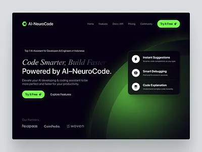 AI-NeuroCode - Smarter & Faster AI Assistant for Future. 3d ai artificial intelligence assistant branding code coding design dujima studio figma graphic design green hero section landing page ui uidesign uiux ux website