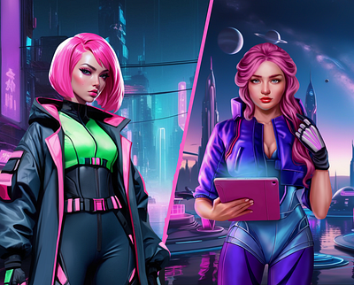 Cyberpunk Girls for a Slot Game Revolution 2dart casinodesign characterdesign conceptart creativeillustration cybercharacters cyberpunk slotgame cyberpunkgirls cyberstyle cyberworld digitalillustration dribbble futuristic neonart gameart gamedev illustration pinkhair slotdesign uiux