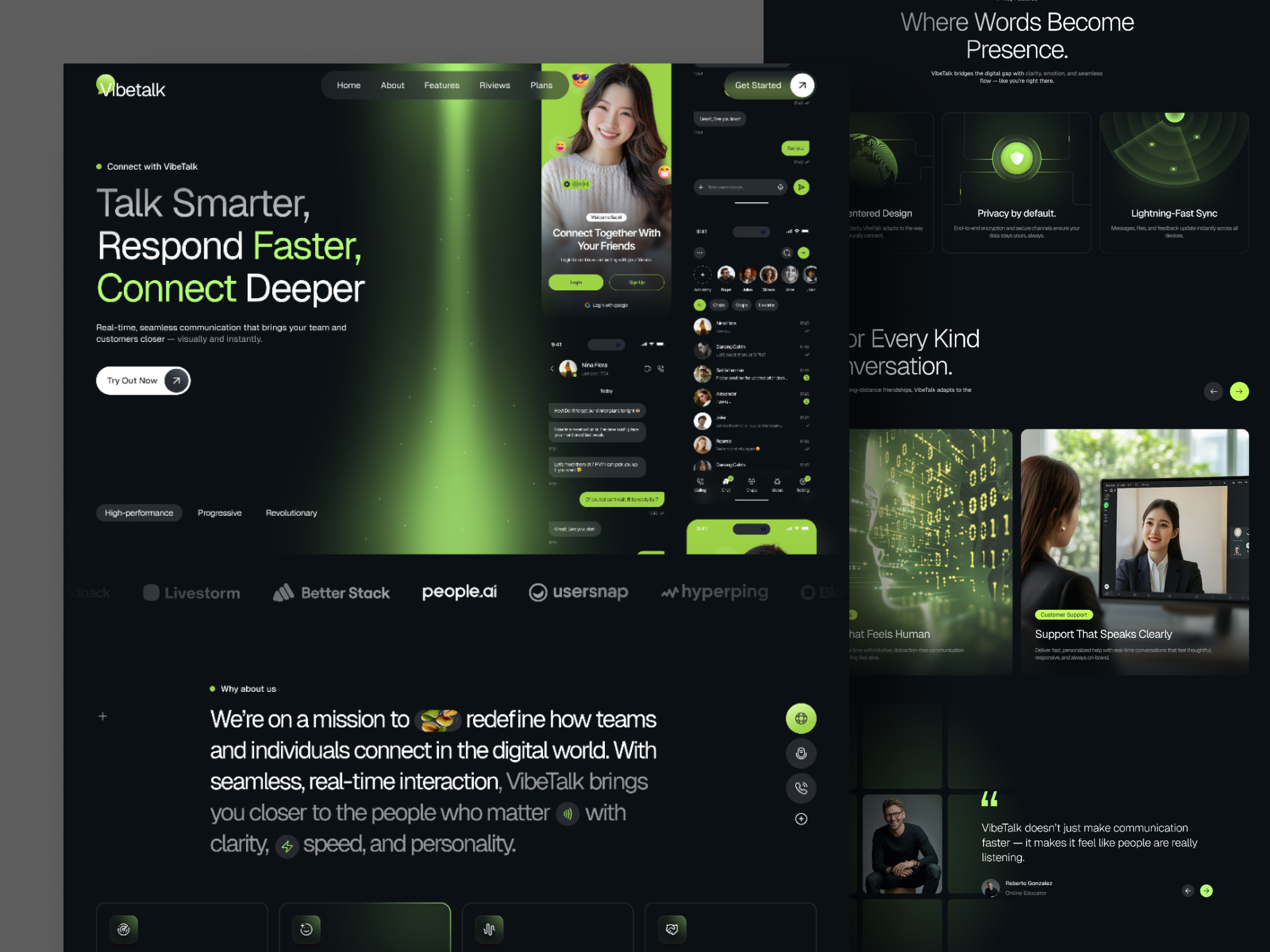 Vibetalk - Landing Page app branding chatbot clean design dark design darkmode elegant design gradient home page landing page light minimalist motion graphics ui uiux ux web design webdesign