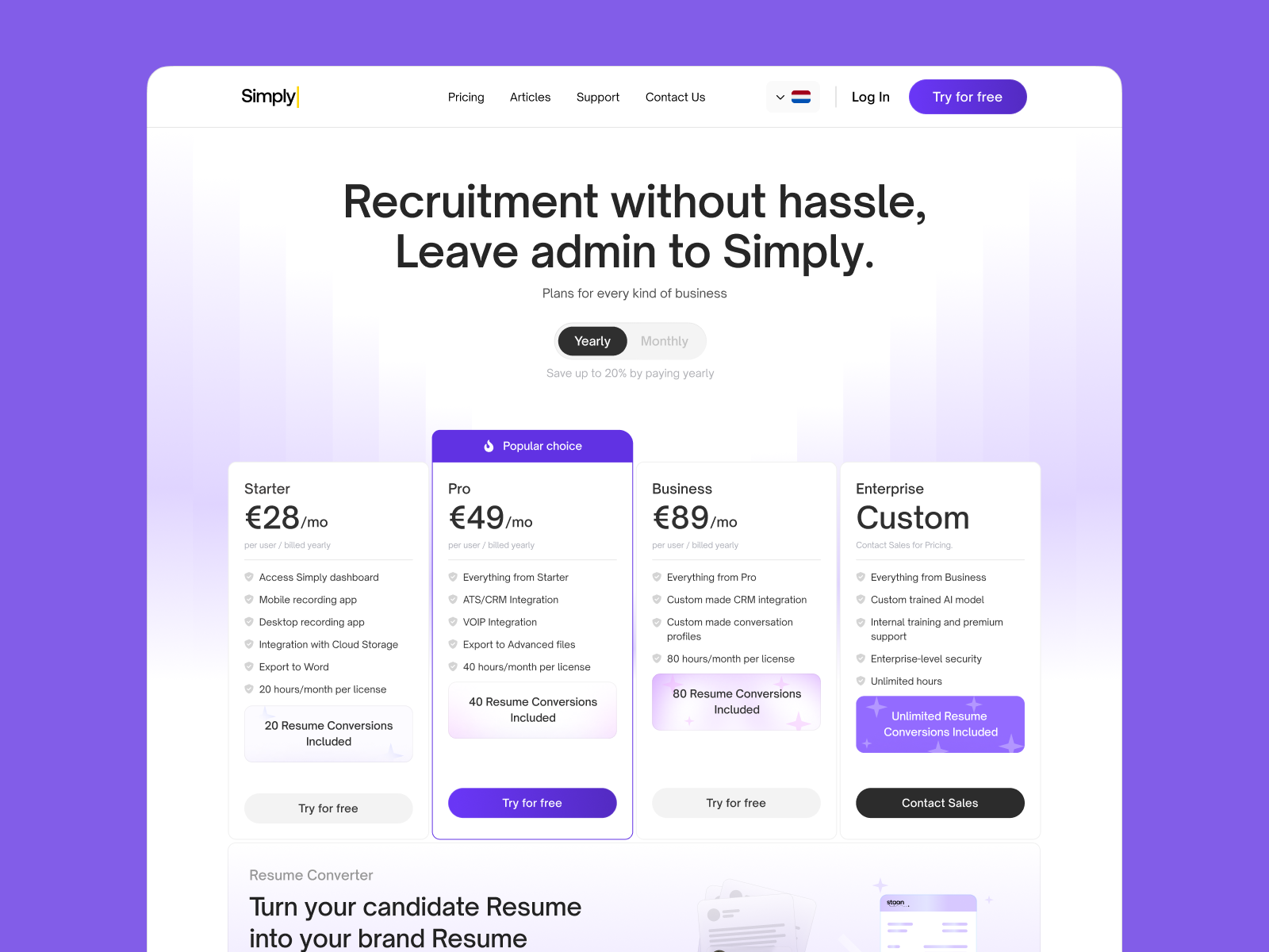 Simply AI recruitment | Website design | SaaS ai recruitment dark theme hiring human resource light theme pricing pricing page recruitment redesign website saas