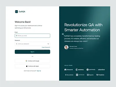 SoftQA - Sign in Page b2b clean developer development dipa inhouse login page onboarding onboarding screen programming quality assurance saas sign in startup technology ui design uiux web web design website