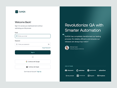 SoftQA - Sign in Page b2b clean developer development dipa inhouse login page onboarding onboarding screen programming quality assurance saas sign in startup technology ui design uiux web web design website