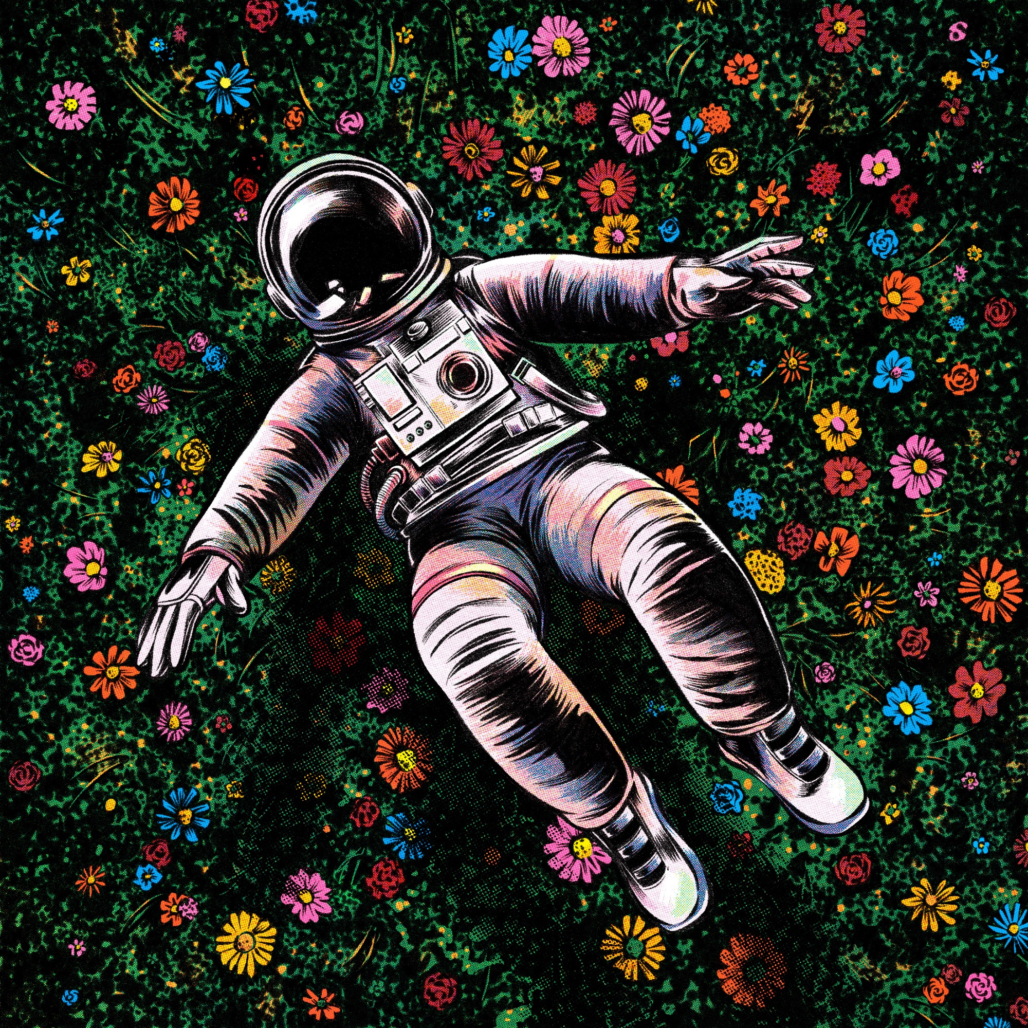 Psychonaut astronaut colourful comic comic style flowers futuristic halftones mid century neo retro pop art retro retro futurism retro sci fi screen print surreal vintage