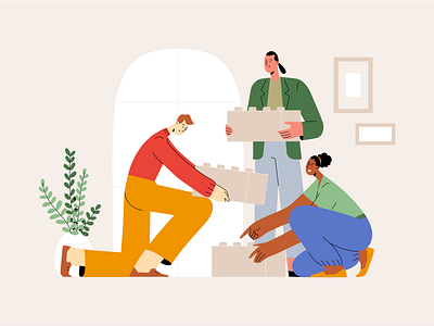 Mately - Connect & Building Trust in Team Illustration block puzzle bonding collaboration colorful coworkers flat fun hand drawn human characters illustration minimalist plant relationships support team building team onboarding teamwork trust vector workplace culture