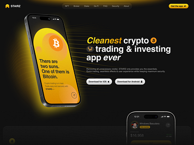 crypto trading app landing page design assets bitcoin branding clean crypto dark design figma framer gradient graphic design illustration investing landing page lines orange trading ui ux yellow