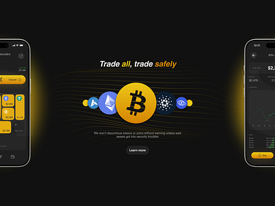 crypto trading app landing page design assets bitcoin branding clean crypto dark design figma framer gradient graphic design illustration investing landing page lines orange trading ui ux yellow