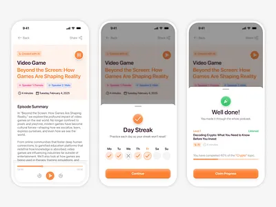 AI Podcast Generator App - Detail Screen & Bottom Sheets ai app bottom sheet daily streak design detail figma generator graphic design podcast product design screen success ui ui design ux design