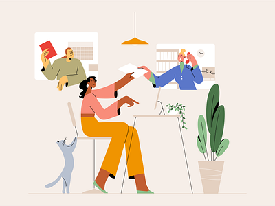 Mately - Collaborate & Strengthen Teamwork Illustration cat co working collaboration colorful communication flat fun hand drawn human characters illustration interaction minimalist partnership plant project kickoff team development teamwork workplace culture