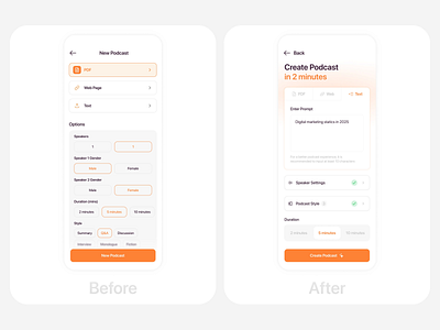 AI Podcast Generator App - Home Screen UI Redesign ai app design figma generator home screen mobile podcast product design redesign ui design ux design
