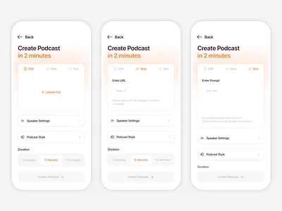 AI Podcast Generator App - Home Screen Tab Menu UI Status ai app design figma generator home screen mobile podcast product design status tab menu ui design ux design