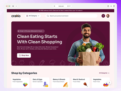 Cravio - Food Grocery e-commerce Website animation branding clean design food food website grocery website hero section landing page landing pages minimal modern modern website motion graphics ui uiux website website design website hero