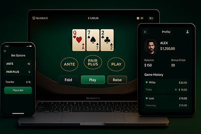 Three Card Poker - UI screens of multiple devices. app casino casinogames development graphic design onlinecasinodesigns ui