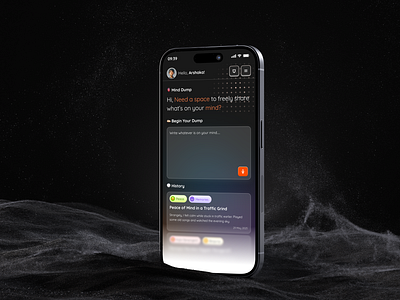 Mind Dump dark mode- Your Thought Organizer App clean dark dark mode futuristic glashmorphism mind mobile app mode orange product design screening soft ui uiux user experience user interface ux