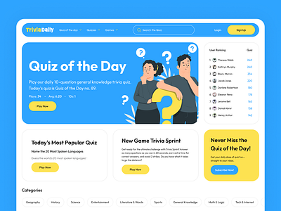 Trivia Daily - Quiz Website + Branding branding colorful website converting landing page figma design games website landing page playful website quiz website design ui ux ui ux design user experience user interface website design website with illustrations
