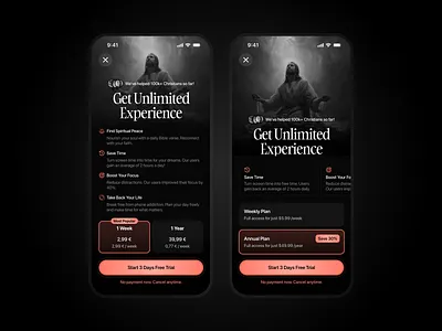 Bible Focus App - Paywall Variations A/B Test Screen UI Design app bible christians design focus mobile paywall plan product design subscription ui ui design ux design