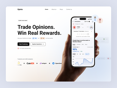 Opinio: Opinion Trading Platform design herosection interface landing page lightmode minimal mobileapp opinion opinionapp uidesign uxdesign website