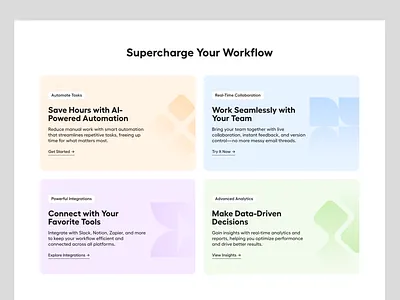 SaaS Feature Section Web Design analytics benefit blue card data feature features gradient green integration orange purple saas software task tool web web design website workflow