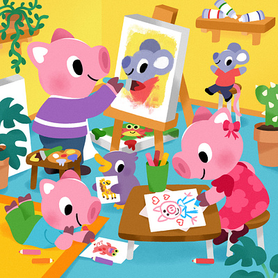 Art buddies! 🐖 🐁 🐧 art cute illustration illustrator mouse painting penguin pig piggies vibrant weekend