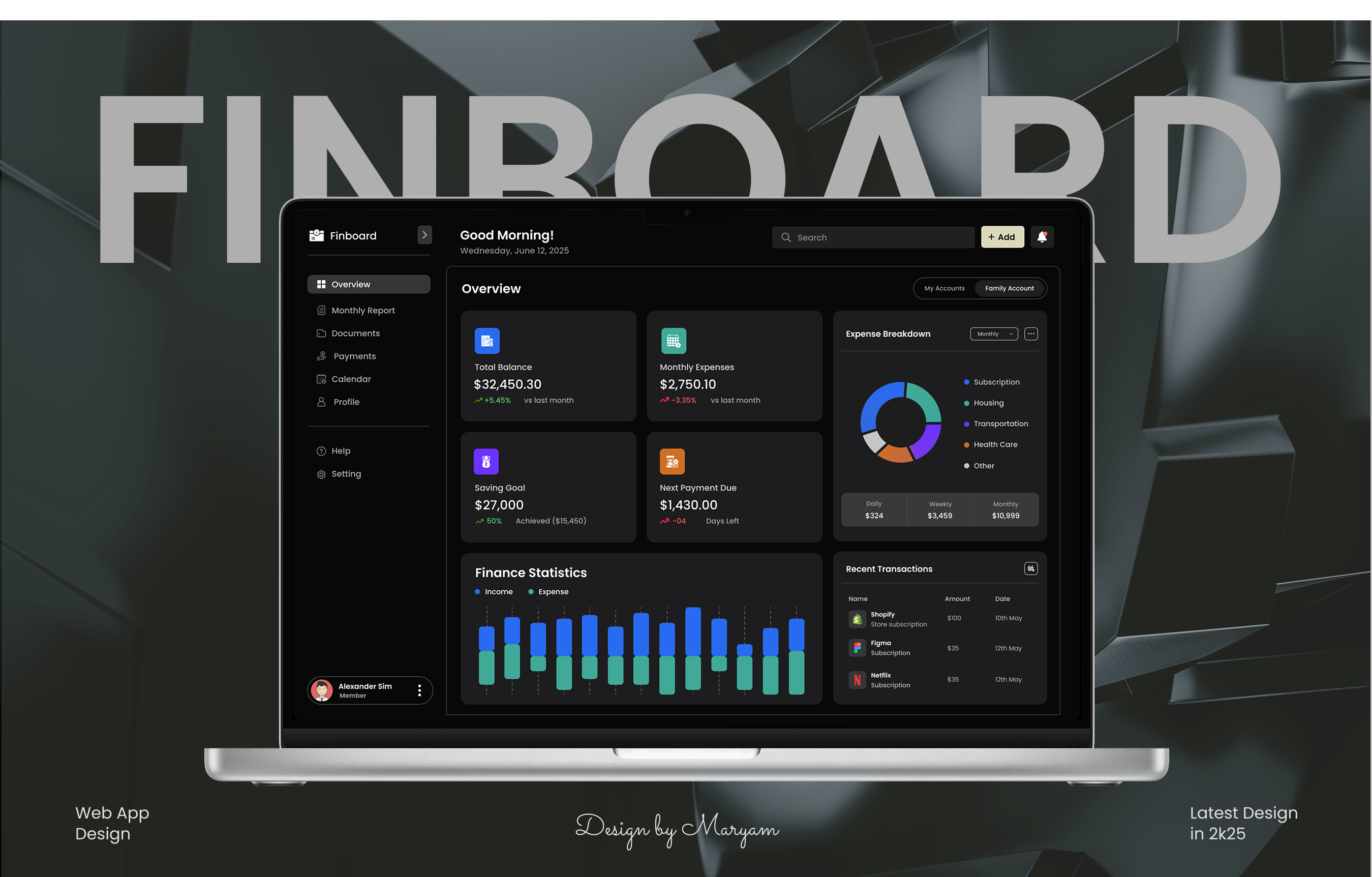 Finance Dashboard UI Design | FinTech App | Dark Mode | Figma ai darkmodeui dashboarddesign design figma financedashboard fintechui graphic design illustration modernui productdesign responsivedesign saasdesign ui uiinspiration uiux user research uxdesign webappdesign