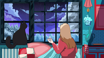 Watching rain adobe illustration animated gif animated illustration animation black cat cat illustration free stock illustration motion graphics rain animation vector animation video