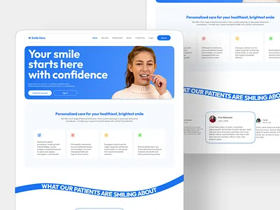 Landing Page - Daily UI #03 03 blue curved text daily ui daily ui challenge daily ui challenge 03 dental header landing landing page nav bar navigation bar services testimonials ui white