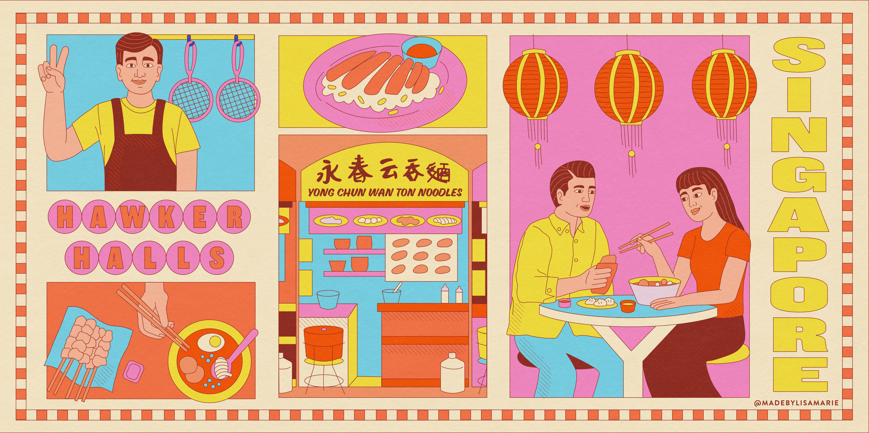 Hawker Halls Singapore Food illustration asia branding eating editorial food graphic design hawker halls illustration katsu magazine people ramen rice singapore street food travel